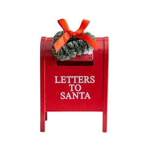 Christmas red metal mailbox ornament with cedar wreath and Letters to Santa text