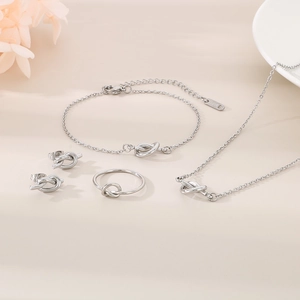 Silver stainless steel knot jewelry set including necklace, bracelet, earrings and ring