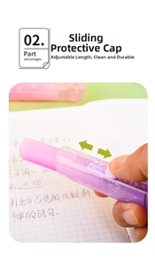 Detailed view of hand using pink gradient cat claw retractable eraser on a notebook