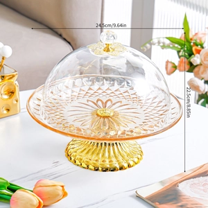 Detailed size view of a 24.5cm gold cake stand with transparent glass dome cover