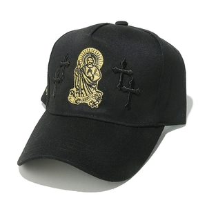 Retro black cotton baseball cap with yellow religious saint and cross embroidery