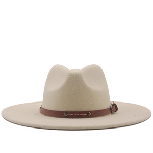 Classic wide-brim fedora hat in cream wool felt with vintage brown leather studded band