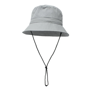 Detail of light grey bucket hat showing parallel brim stitching and adjustable wind rope