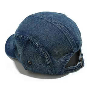 Detailed back view of a washed blue denim 5-panel baseball cap with adjustable strap buckle