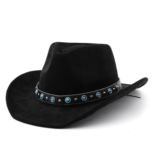 Black western cowboy felt hat with turquoise and silver metal stud leather band