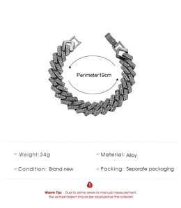 Dettagli del bracciale a catena cubana in argento con strass bianchi e dimensioni