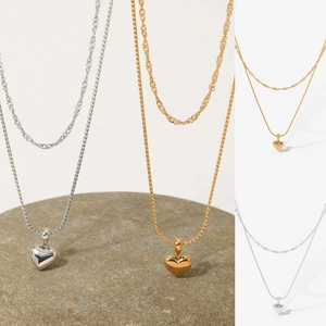 Collier Double Rang Pendentif Coeur Acier Inoxydable Plaqué Or PVD Imperméable Ne Ternit Pas Bijoux Mode Femme