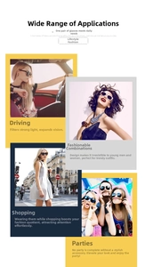 Cat eye triangle sunglasses shown in driving, shopping and party fashion scenes
