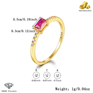 Size guide for S925 silver gold ring with rectangle pink zircon and dimensions