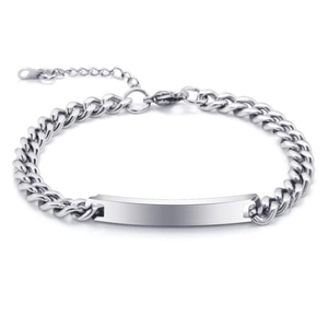 Close-up of polished stainless steel bar bracelet with adjustable flat Cuban chain link