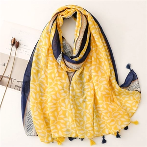 Écharpe Pour Femmes Imprimé Feuilles Fil De Bali Légère Protection Solaire Châle Avec Glands Bordure Géométrique Style Japonais