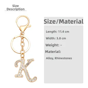 Detailed view of rhinestone letter K keychain with dimensions 11.4cm length and 3.8cm width