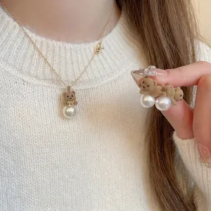 18K gold plated jewelry set featuring brown flocked bear and pearl necklace with earrings