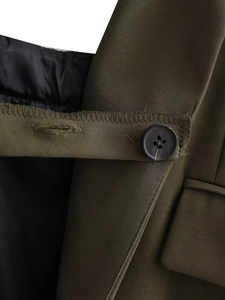 Détail de la texture en sergé vert olive et du bouton en résine noire d'un blazer