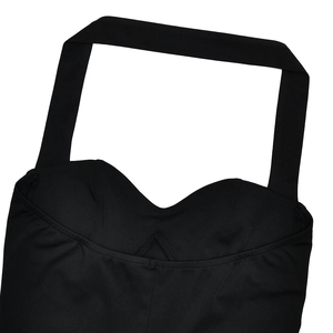 Close-up of the halter neckline and bust area on a black slim fit bodycon dress