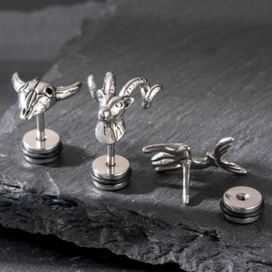 Men's stainless steel stud earrings featuring bull skull, goat head, and whale tail designs
