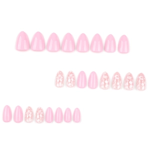 Faux ongles amande courts rose clair avec motifs floraux et fini brillant, lot de 24 pièces