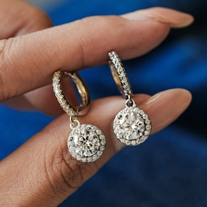 Luxurious S925 silver moissanite halo drop earrings with sparkling round cut stones