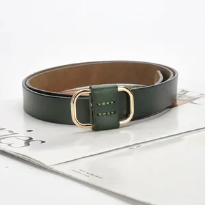 Minimalist dark green leather belt for women with elegant golden D-shaped metal buckle