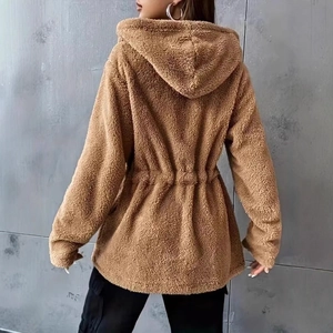 Rear view of brown hooded fleece jacket showing soft teddy texture and drawstring waist