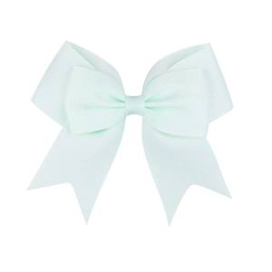 Close-up of a handmade mint green grosgrain ribbon bow with detailed ribbed texture