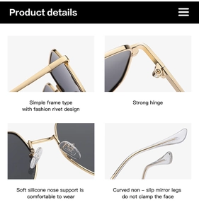 Detail view of gold metal frames, silicone nose pads, and hinges on polarized sunglasses