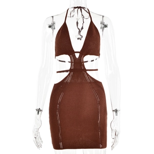 Detail view of brown knit halter neck mini dress with stylish waist cut-out and open back