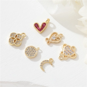 14K gold plated pendants with zircon in heart, clover, and moon shapes for DIY jewelry
