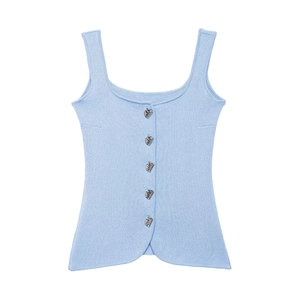 Light blue knit corset top with deep U-neck and five decorative silver metal buttons