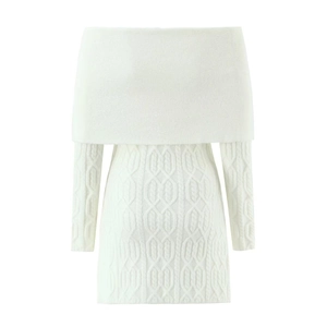 Elegant white cable knit off-shoulder long sleeve mini dress with folded neckline