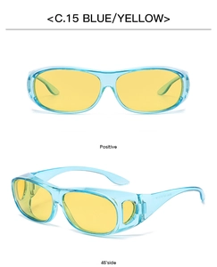 Detail view of light blue transparent frames with yellow lenses and side shield protection