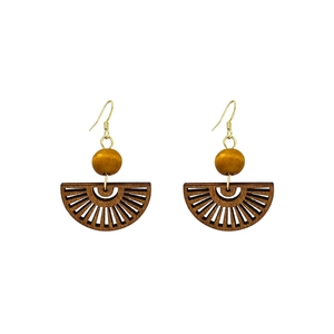 Boucles d'oreilles bohèmes en bois en forme d'éventail avec perles jaunes et crochets