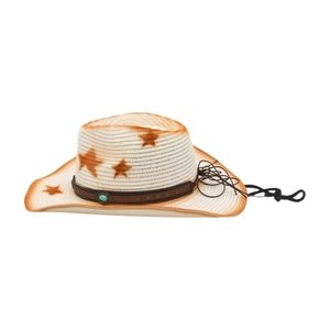 Detailed macro view of retro western straw cowboy hat with leather band and turquoise bead