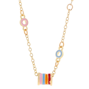 Rainbow enamel cylinder pendant necklace in gold-tone finish for women on white background