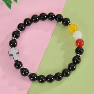 Natural Stone Beaded Bracelet Obsidian Turquoise Crystal Cross Charm Elastic Religious Fashion Jewelry
