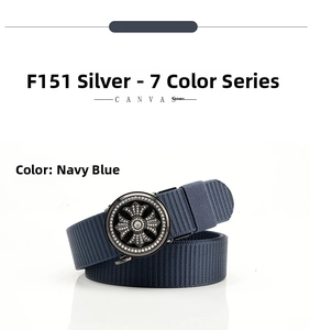 Detail of navy blue woven canvas belt with a black round metal automatic buckle