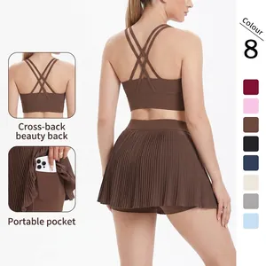 Ensemble de Yoga en Nylon Élasthanne pour Femmes Brassière de Sport Dos Croisé et Jupe Plissée Taille Haute Top et Bottom Fitness