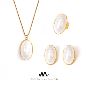 French Vintage Jewelry Necklace Earrings Ring Stainless Steel 18K Gold Plated Oval Mother Of Artificial Pearl For Women