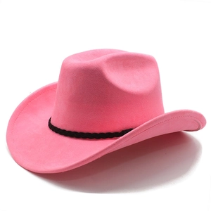 Close-up of pink suede cowboy hat with black braided band on a clean white background