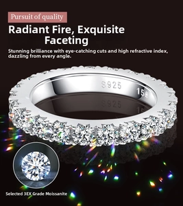 Macro view of S925 sterling silver band with 3EX cut moissanite stones and S925 engraving