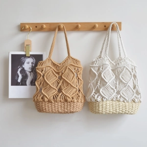 Woven Bucket Bag Cotton Rope Paper Straw Splicing Hollow Out Large Capacity Vacation Beach Casual Bohemian Handcrafted