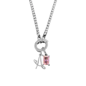 Silver titanium steel necklace with letter A charm and pink gemstone pendant.