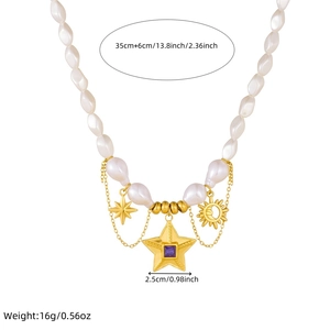 Baroque pearl necklace with gold star and sun pendants featuring a purple gemstone