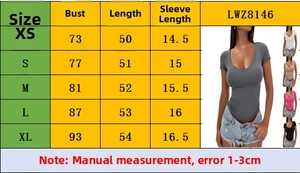 Detailed size chart for women's slim fit short sleeve t-shirts from size XS to XL