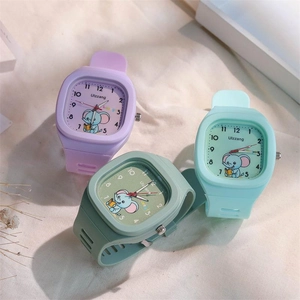 Close-up of silicone watch straps and dials with cute elephant and lucky lettering