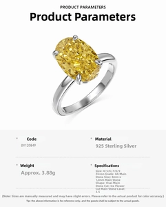 Detailed spec sheet showing oval yellow ice-cut zircon ring in S925 sterling silver