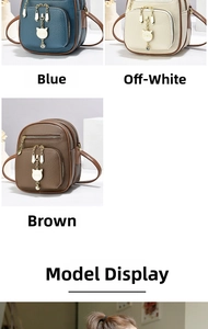 Detailed collage of multi-pocket mini backpacks in blue, off-white and brown with cat charms