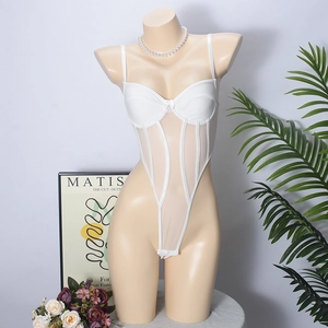 Detailed close-up of white mesh splicing bodysuit with underwire support on a display mannequin