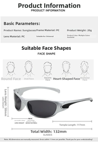 Tableau des tailles détaillé des lunettes de soleil Y2K avec monture argentée sport