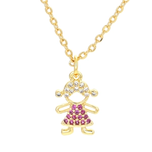 Exquisite gold girl pendant necklace with micro-pave pink and white cubic zirconia stones